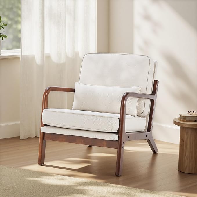 DUMOS Accent Chair,Mid Century Modern Chair with Arms and Waist Cushion, Reading Chairs for Adults, Lounge Chair for Living Room and Bedroom, Solid Wooden Frame,Off-White