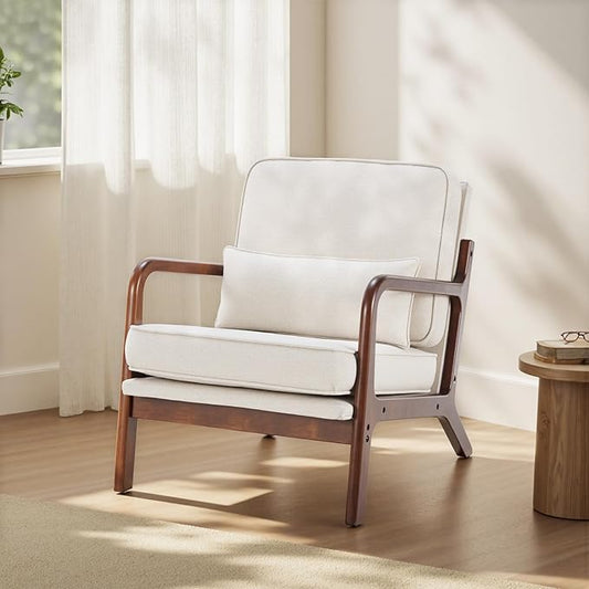 DUMOS Accent Chair,Mid Century Modern Chair with Arms and Waist Cushion, Reading Chairs for Adults, Lounge Chair for Living Room and Bedroom, Solid Wooden Frame,Off-White