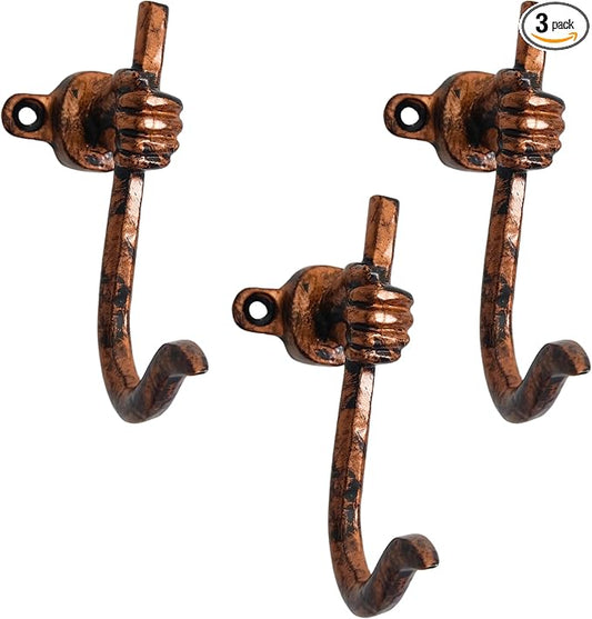 Set of 3 Cast Iron Unique Hand Hook Shape Coat Hooks Wall Art Decor-Hand Shape Hangers and Key Holder-Clothes Rack and Backpack Hanger-Coat Hooks Home Decor for Storage, Living Room (Copper Antique)