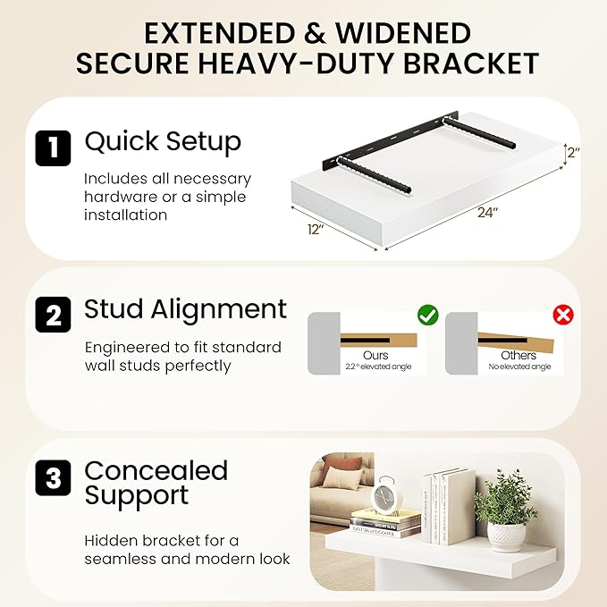 36Inch White Floating Shelves for Wall, 12 Inch Deep Shelves for Bedroom, Kitchen, Bathroom Wall Mounted, Rustic Wood Floating Shelf with Invisible Brackets for Books, Storage, Decor, 2 Packs