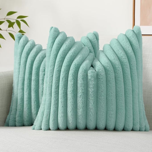 decorUhome Faux Fur Spring Throw Pillow Covers 20x20 Set of 2, Decorative Soft Plush Striped Neutral Couch Pillow Covers with Velvet Back for Sofa, Bed, Living Room Home, Aqua