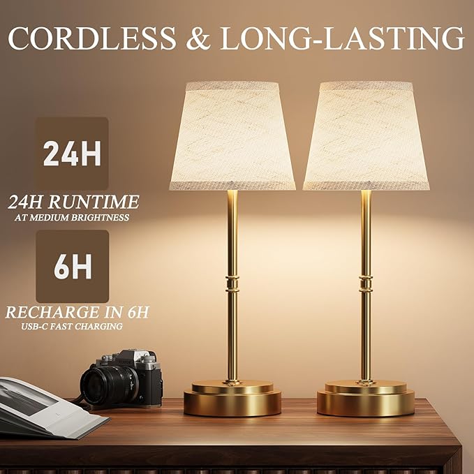 Cordless Table Lamp Rechargeable, Antique Brass LED Touch Lamp with 7500mAh Battery - Portable Dimmable Light for Dining Room, Patio & Bedroom, 2-in-1 Adjustable Height (16"/11", Warm White)