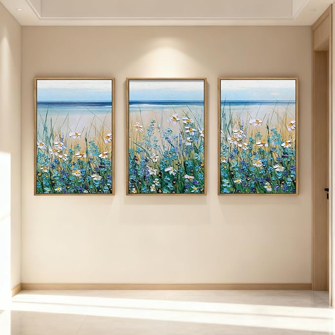 Blue Seaside Cyan Floral Wall Decor Wildflower Canvas Painting Framed Floral Prints Decor for Living Room Bedroom 16x24 Inch Set of 3
