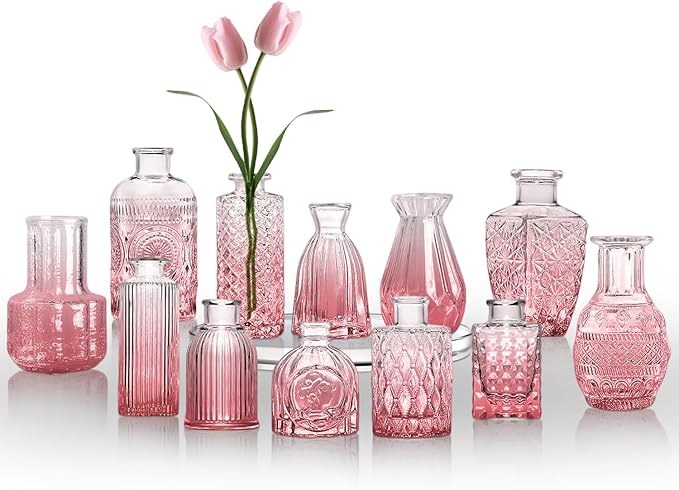 KUAGUINZUHE 12 Pcs Glass Bud Vase Set, Small Pink Vintage Flower Vases for Wedding Centerpieces in Bulk, Mini Embossed Vases for Home Table Decor, Party, Baby Shower Decorations
