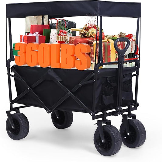 Nice C Heavy Duty Wagon, Collapsible Wagon with Canopy, Black, Steel, 4 Wheels, 33 x 22.4 x 7.6 inches