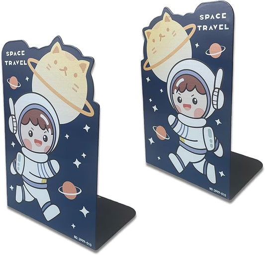 2 Pack Metal Bookends,Non-Slip Cartoon Boy Astronauts Book Stopper,5.3"x3.9"x8"Heavy Duty Premium Space-Themed Decorative Book End, Supports for Kids Children Shelves,School,Room,Office,Learning Gifts
