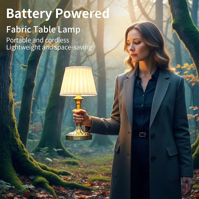 Portables Cordless Table Lamp Set of 2, Fabric Shade Des Lamps,5200mAh Battery Operated,3 Color Stepless Dimming Up,for Restaurant, Bedroom, Camping, Bar, Coffee Shop, (Bronze)
