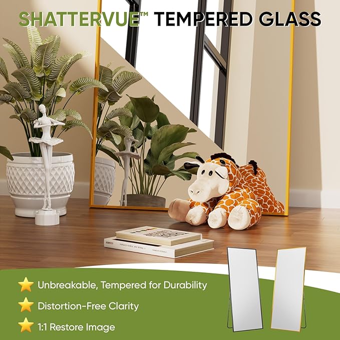 Full-Length Floor Mirror with Stand, 58"x18" Rectangle Style Full Body Standing Mirror for Bedroom, Living Room, Gym, Dorm - Shatter-Resistant & Easy Assembly, Gold