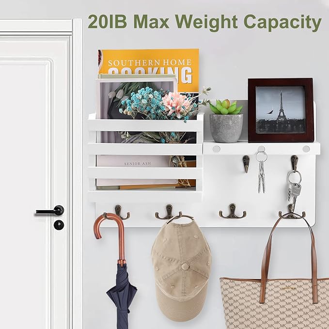 Decorative Key Hanging Rack with 10 Hooks – Easy Install Natural Wooden Key and Mail Holder for Wall Mount – Entryway Decor Rack with Shelf (White)
