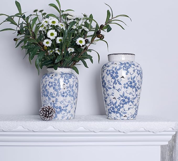Light Blue White vase Flower Ceramic Porcelain Vintage Chinoiserie Floral French 8" H