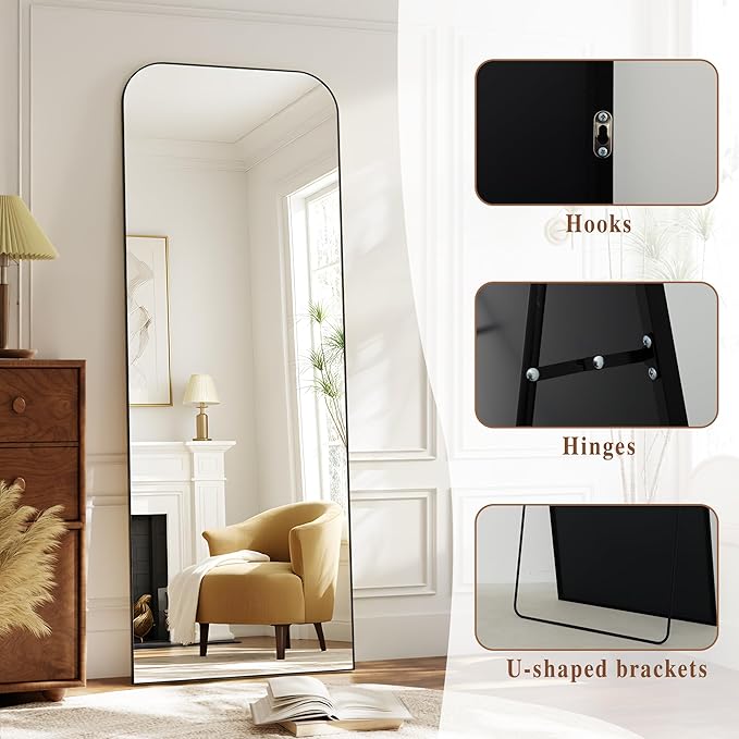 Full Length Mirror 65"x24" Mirror Full Body with Aluminum Alloy Frame Top Square-Edged Floor Mirror with Stand for Bedroom Living Room Black