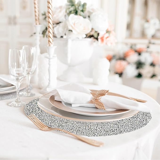 Silver Placemats Set of 8 Crushed Diamond Decor Silver Heat Resistant Mat Rhinestone Decor Round Place Mat Fall Decorations for Home Bling Sparkly Mat 15 inch