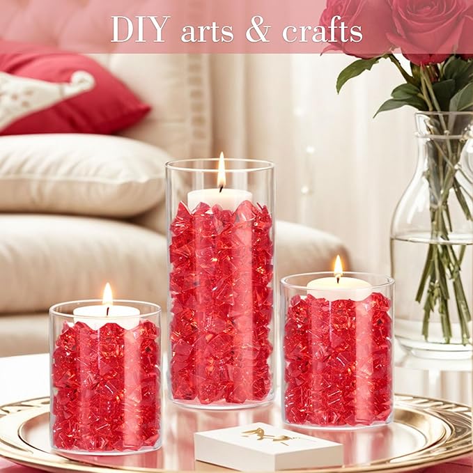 DomeStar Red Fake Ice Rocks, 150PCS Acrylic Gems Crystals Plastic Diamonds Centerpiece for Vase Fillers Wedding Party Table Scatter Valentine s Day Decorations