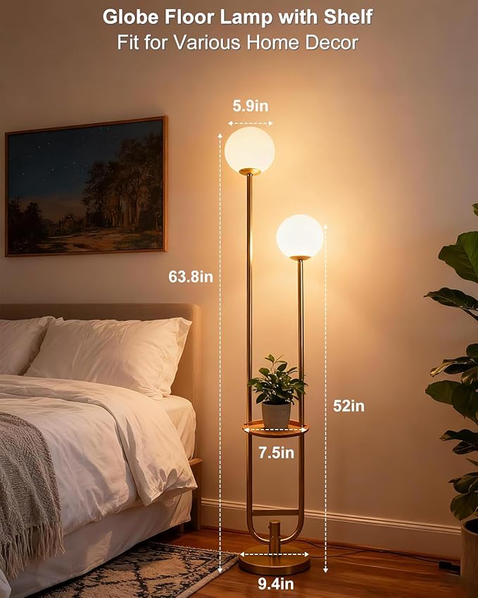 Lightdot 63IN Gold Floor Lamp with U Pole, 2 Globe Mid Century Standing Lamps with Warm White LED Bulbs, Unique Vintage Tall Floor Lamp for Living Room/Wedding/Party