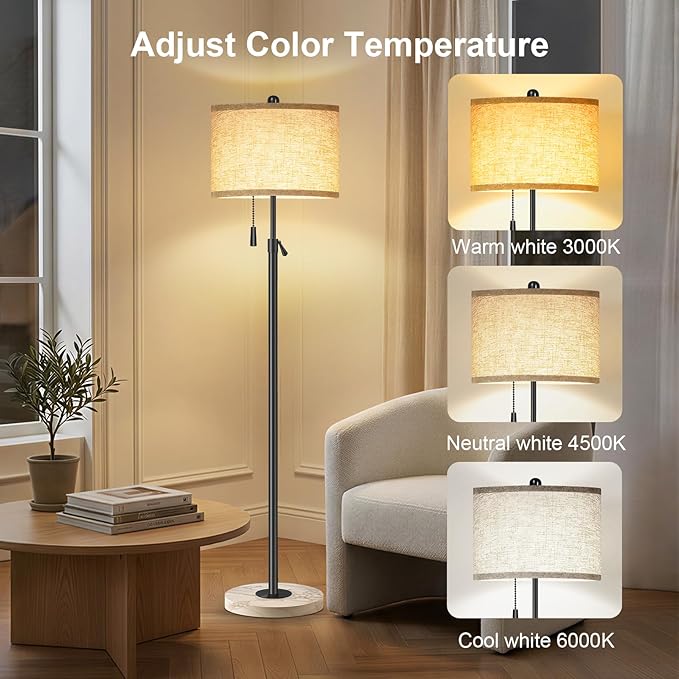 FUNNYBEHOM Floor Lamp for Living Room - Adjustable Height Standing Lamp with Marble Base & Linen Shade - Tall Pole Floor Light with 3 Color Temperatures Bulb for Bedroom, Reading - Easy Assembly