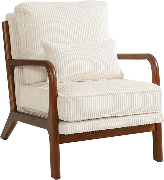 FLEXISPOT AC1 Accent Chair, Mid-Century Modern Armchair with Wood Frame, Comfy Corduroy Upholstered Reading Chair with Lumbar Pillow, 8" Thick Cushion for Living Room Bedroom Sunroom(White)