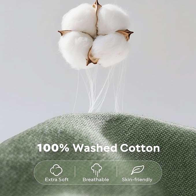 JELLYMONI Cotton Duvet Cover King Size - Sage Green Comforter Cover with Button 100% Washed Cotton 3PCS Breathable Soft Solid Bedding Set Duvet Cover 104×90in & 2 Pillowcases (NO Comforter)