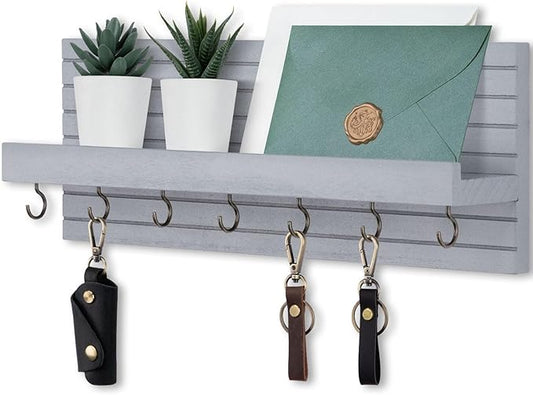 Decorative Key Holder for Wall with Shelf, Entryway Shelf with Hooks Holds Leashes, Jackets and Glasses – Sturdy Wood Keyholder Entrance Hanger with Mounting Hardware (Gray, Large)