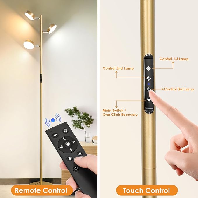 JUNNAI Gold Floor Lamp for Living Room with Remote Modern Tall Standing Lamp Dimmable LED Brass Tree Floor Lamps with 3 Adjustable Heads Touch Control 4 Color Temperatures for Bedroom Office Reading