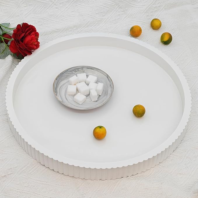 Carah & Cossh Round Wooden Serving Tray, White Round Decorative Wood Tray, Modern Decorative Tray, Perfect for Storage and Display (White B)