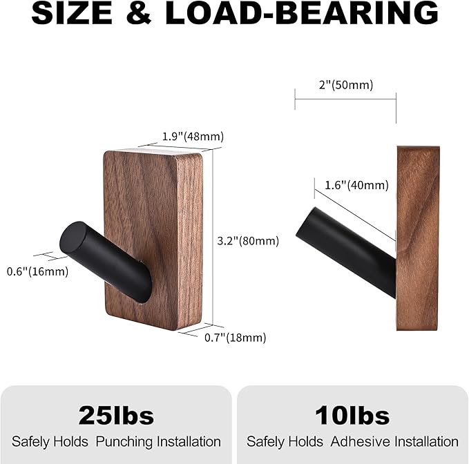 6 Pack Wooden Wall Hooks for Hanging, Adhesive Mounted & Wall Mounted Boho Decorative Walnut Wood Coat Hooks for Towel Clothes Blanket Hat Backpack Robe Nursery Door Board Entryway Key Holder