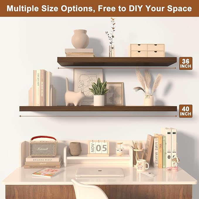 12 Inch Deep Floating Shelves for Wall 2 Pack Floating Shelfs Large Storage Space Wall Decor Display Shelf for Bathroom Living Room Bedroom Kitchen 40" W x 12" D x 1.2" H Walnut