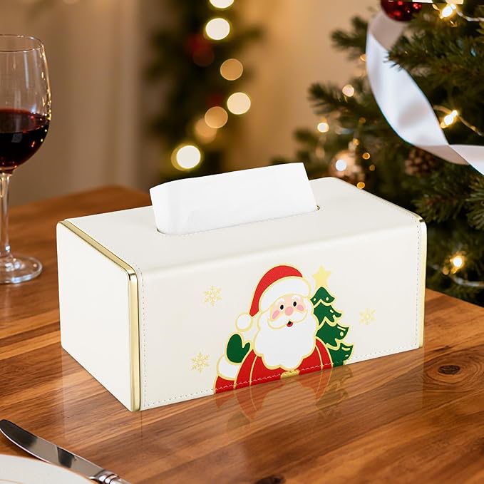GORESE Christmas Tissue Box Cover for Kleenex, Rectangle Santa Print Tissue Box Holder, PU Leather Christmas Decorative Tissue Covers for Countertop, Xmas Gift for Women and Men