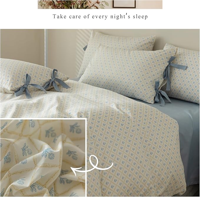 Blue Floral Duvet Cover Full Soft Cotton Garden Style Floral Bedding Comforter Cover Plaid Grid Design Vintage Blue Flower Duvet Cover with 2 Bowknot Pillowcases Botanical Cottagecore Bedding Set Full