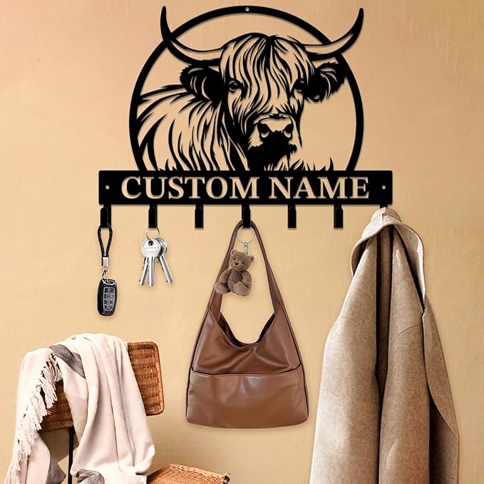 magilab Personalized Custom Highland Cow Wall Hooks,Metal Highland Cow Art Clothes Hooks,Metal Highland Cow Wall Home Storage Decorative,for Front Door, Hallway, Kitchen, Bedroom,Keys,Hats (Style K)