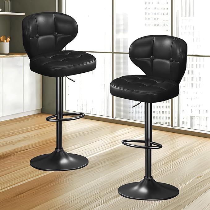 Bar Stools Set of 2, Adjustable Swivel Bar Chairs with Backrest and Footrest, Modern PU Leather Upholstered Counter Height Stools for Kitchen Island, Bar, Dining Room Black
