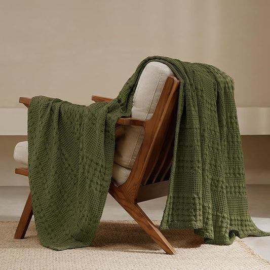 PHF 100% Cotton Waffle Weave Throw Blanket, Soft Lightweight Breathable Cozy Throws for Couch Bed Sofa, 300 GSM Luxury Aesthetic Blanket Gift for Home Decor & Office, 50"x60", Capulet Olive
