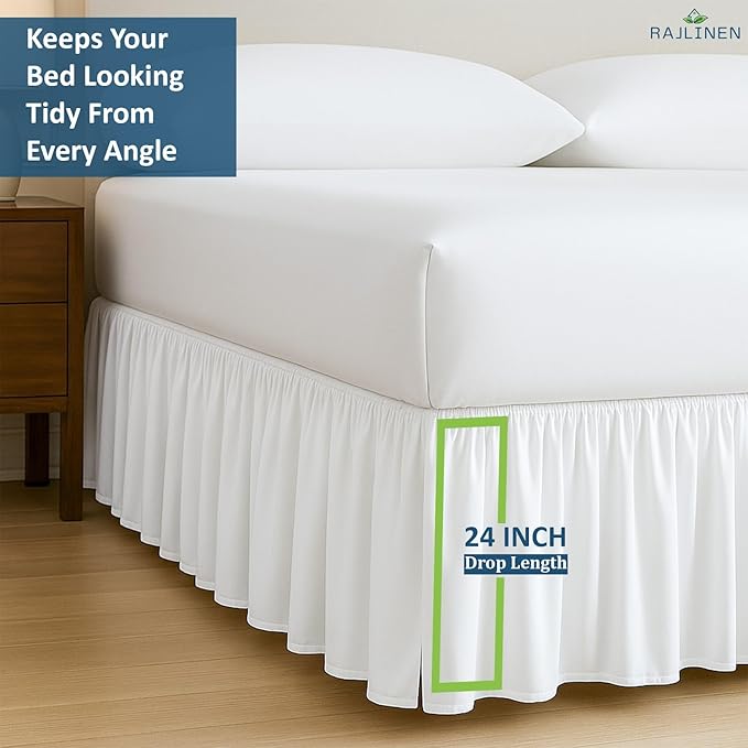 Rajlinen Ruffled Bed Skirt Queen, 24 Inch Drop Dust Ruffle with Split Corners, 100% Microfiber Bedskirt with Platform, Three-Sided Coverage Ruffled Gathering Design, White