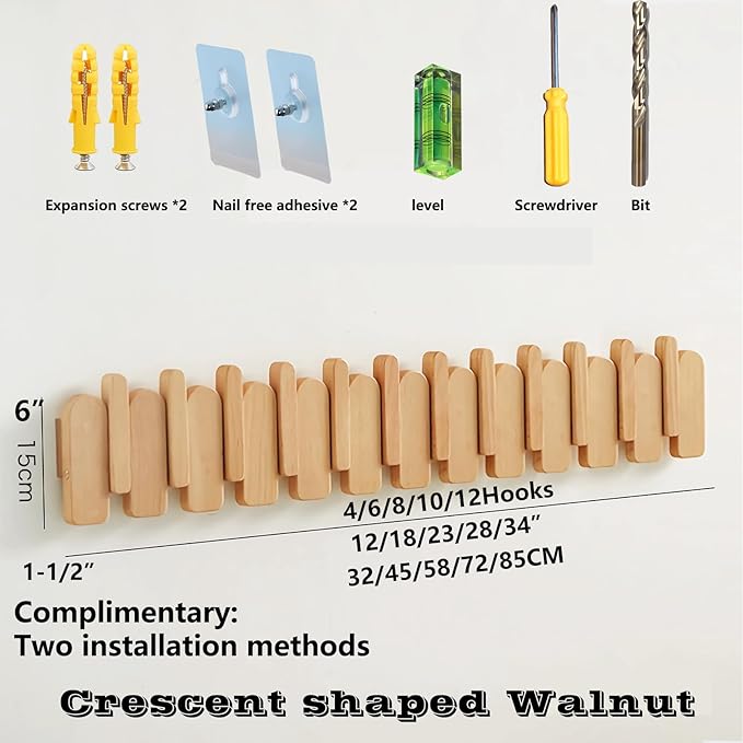 Wall Mounted Coat RackHooks Piano Key Hangers Natural Solid Wood Hanger Non-Woven Fabric Clothes Hangers for Closet, Kitchen, Bedroom, Bathroom, Entryway (Moon-Beech, 6 Hooks)