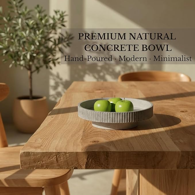 JUPTR 12” Fluted Concrete Fruit Bowl – Heavyweight Pedestal Decorative Bowl for Table Centerpiece, Entryway Catch-All & Modern Home Décor (Natural)