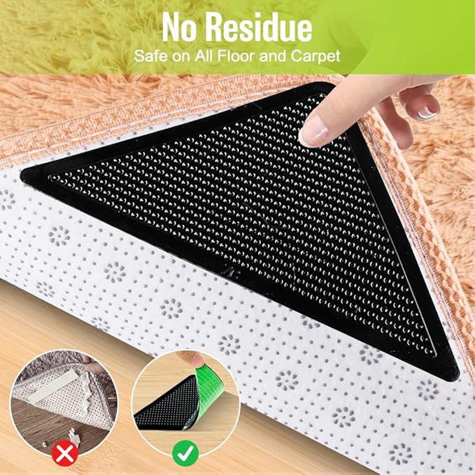 ZC GEL 8 Pcs Rug Tape Hardwood Floor No Damage, Reusable Washable Grippers for Rugs, Carpet Tape for Area Rugs, Non Slip Rug Pads Grippers (Black