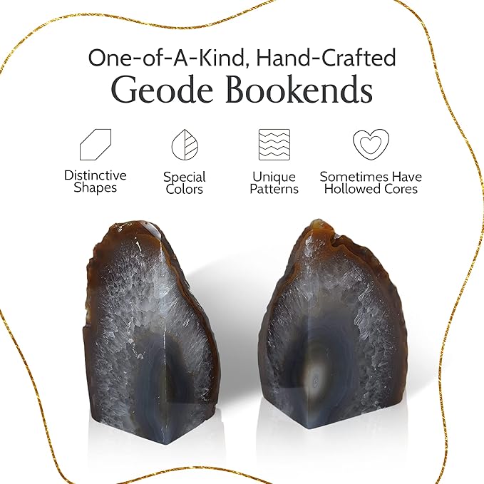 Nature's Decorations Agate Bookends - A Quality Natural Geode with Non-Skid Rubber Bumpers for Shelves, Office, Home Decor - Heavy Duty Cool Crystal Stone (3-4 LB)
