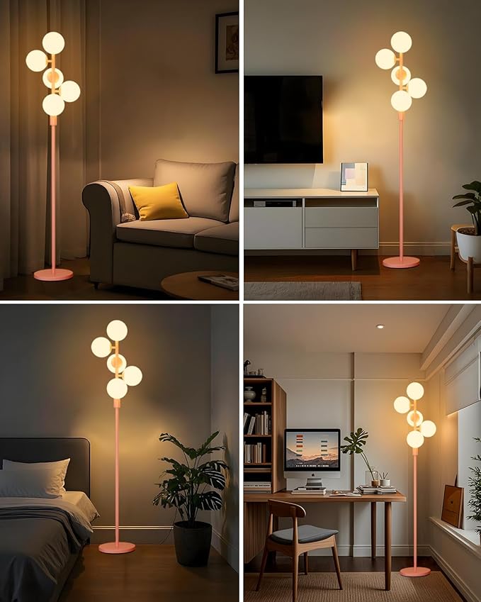 Lightdot Dimmable (Brightness Adjustable) Globe Floor Lamp, Retro Pink Pole Standing Lamps with 5PCS 3000K G9 Bulbs, Mid Century Modern Floor Lamp for Living Room Bedroom Home Office