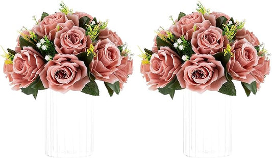 NUPTIO Artificial Flower Centrepieces for Tables - 2 Pcs Dusty Rose Fake Flowers Roses Balls 9.5in Diameter - Silk Faux Rose Arrangement for Wedding Party Centerpiece Table Decorations