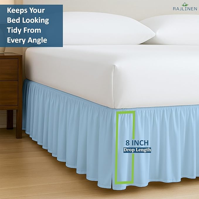 Rajlinen Ruffled Bed Skirt California King, 8 Inch Drop Dust Ruffle with Split Corners, 100% Microfiber Bedskirt with Platform, Three-Sided Coverage Ruffled Gathering Design, Light Blue