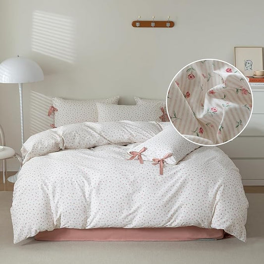 Rose Flower Duvet Cover King Garden Style Vintage Floral Bedding Set Chic Botanical Flower Comforter Cover with 2 Bow Ties Pillowcases 100% Cotton Pink Stripes Comforter Cover Cottagecore Bedding Set