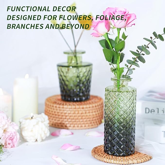 KUAGUINZUHE 12 Pcs Glass Bud Vase Set, Small Green Vintage Flower Vases for Wedding Centerpieces in Bulk, Mini Embossed Vases for Home Table Decor, Party, Baby Shower Decorations