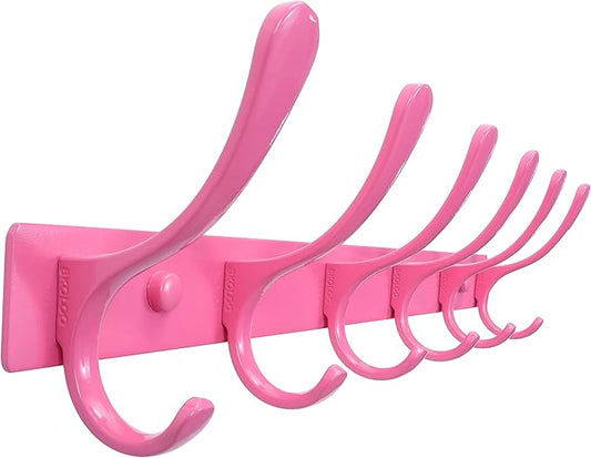 SKOLOO Coat Rack Wall Mounted - 6 Hooks, Heavy Duty, Stainless Steel, Metal Wall Hangers, Sturdy Coat Hooks for Hanging Coats, Jacket, Clothes, Hat, Pink