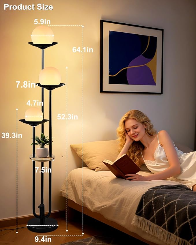 ACOHOOK 63IN Globe Floor Lamp with Table, 3-Lights Modern Dimmable Floor Lamps with 3000K Soft Warm White Bulbs for Wedding/Party, Black Tall Standing Lamp for Living Room/Bedroom