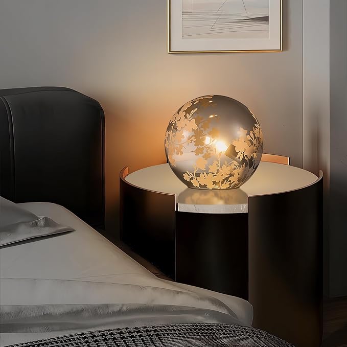 7.8 Inch Ball Table Lamp with Glass Shade Stylish Ball Light Lamp for Bedroom Living Room and Bookshelf Modern Design Perfect for Home Decor, Without Bulb (Grey Flower)