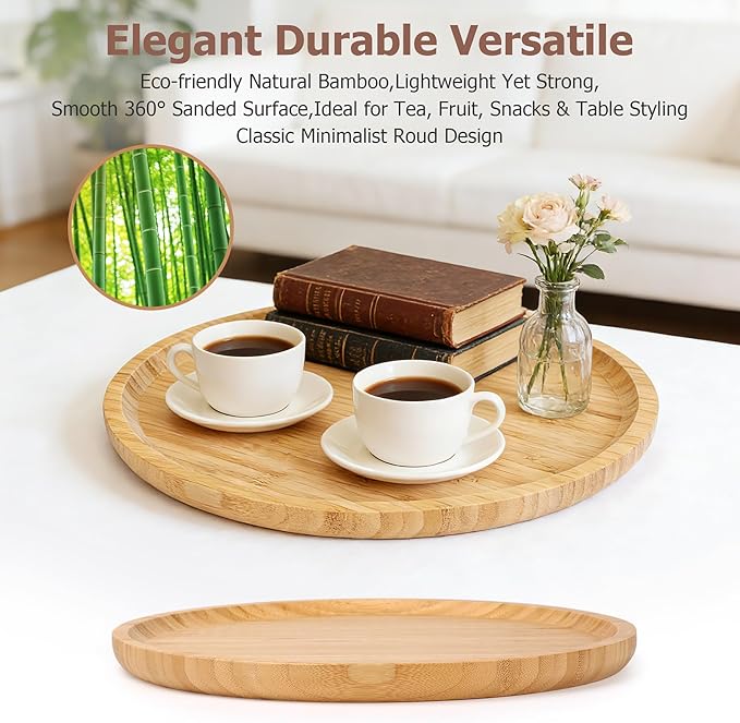 Wood Serving Tray, 11.81 Inch Wooden Tray, Round Decorative Serving Trays Platters for Home,Party,Coffee Table, Dining Table & Countertop