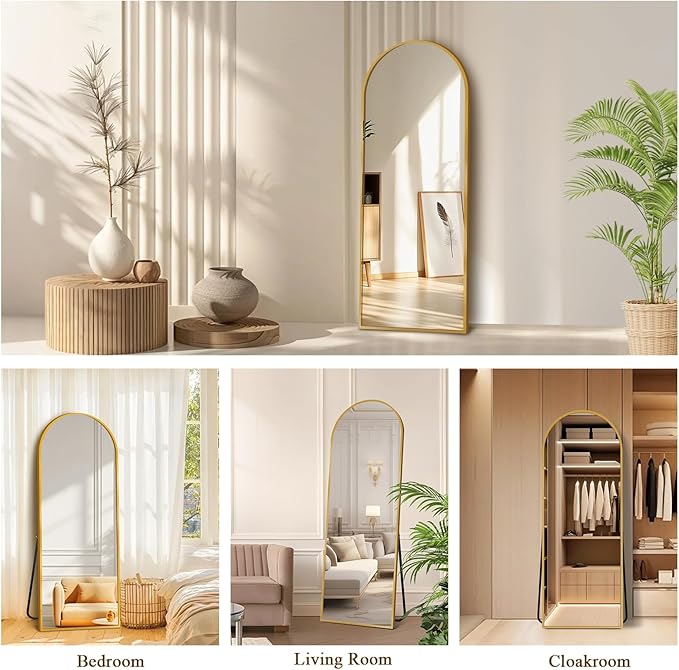 Full Length Mirror with Stand, Gold Arched Full Body Mirror, Aluminum Alloy Thin Frame - Freestanding/Leaning/Wall Mount for Bedroom, Living Room & Entryway