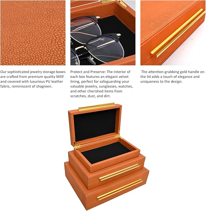 Faux Shagreen Decorative Storage Boxes – Set of 3 Stackable Jewelry Organizers with Gold Metal Handles & Velvet Lining, Modern Burn Orange Box for Vanity, Entryway & Coffee Table Décor