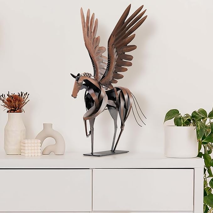 Horse Statue Décor Artwork, 24" H Handmade Metal Pegasus Greek Flying Horse Sculpture, Hand-Painted Animal Figurines for Home Living Room Office (Vintage Brown with Wings)