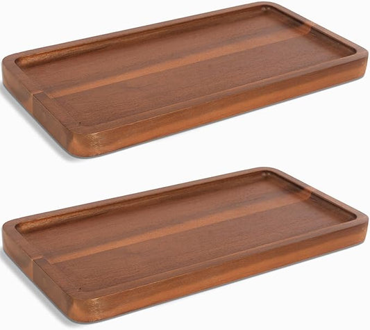 KOLWOVEN Solid Acacia Wood Serving Tray -2 Pack, 11.8" x 5.9" Rectangular Wooden Serving Platter, Wood Boards for Food, Mini Cheese Board for Vegetable, Charcuterie, Appetizer, Decor (Set 2)