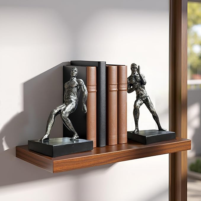 Modern Abstract Man Bookends Set of 2 – Heavy Duty Resin Sculpture Book Stoppers, Decorative Book Ends for Home Office Bookshelf Organize